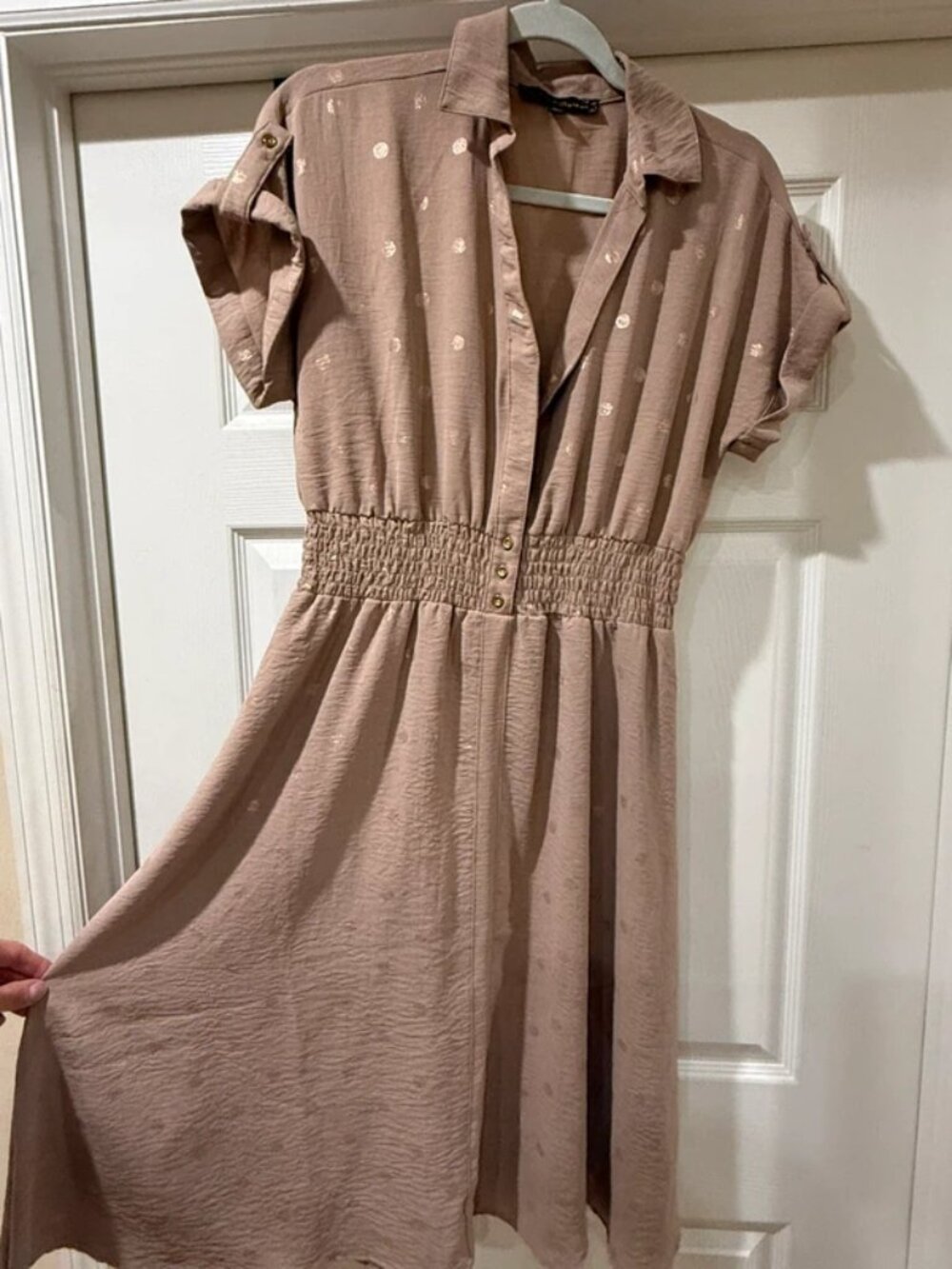 Alex & Parker Taupe Metallic Polka Dot Shirt Dress, Size M